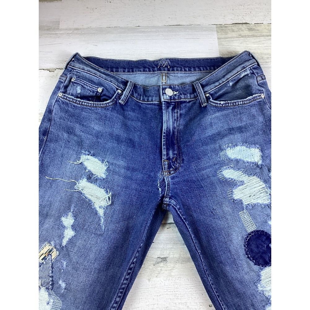 EUC MOTHER The Dropout Fray Distressed Patch Cropped Jeans Medium Wash Sz 30/25